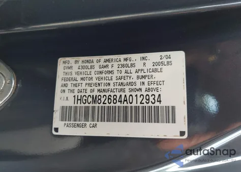 2004 Honda Accord 3.0 Ex from USA, damaged, VIN 1HGCM82684A012934